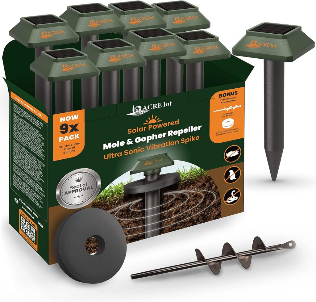 ACRE lot 9pk Mole Repellent for lawns Gopher Repellent Ultrasonic Solar Powered Snake Repellent Deterrent Mole Repeller Vole Repellent Outdoor Lawns Garden Yard All Pests Sonic Spikes Stakes Chaser