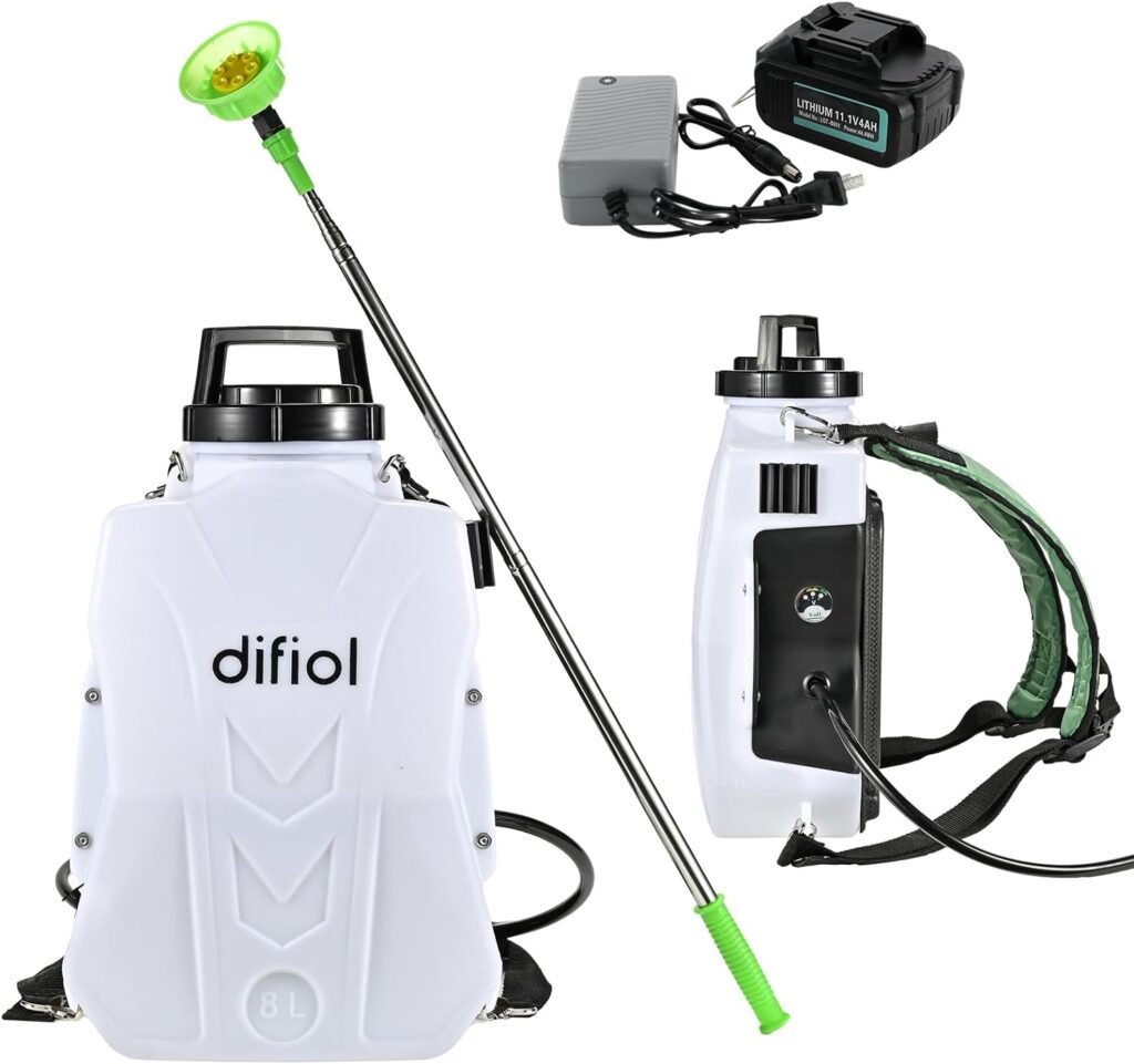 Difiol Battery Powered Backpack Sprayer, 2 Gallon Electric Sprayer with Lithium Battery, 0-100 PSI, Pluggable Long-Life Battery, Spray up to 4m High Trees