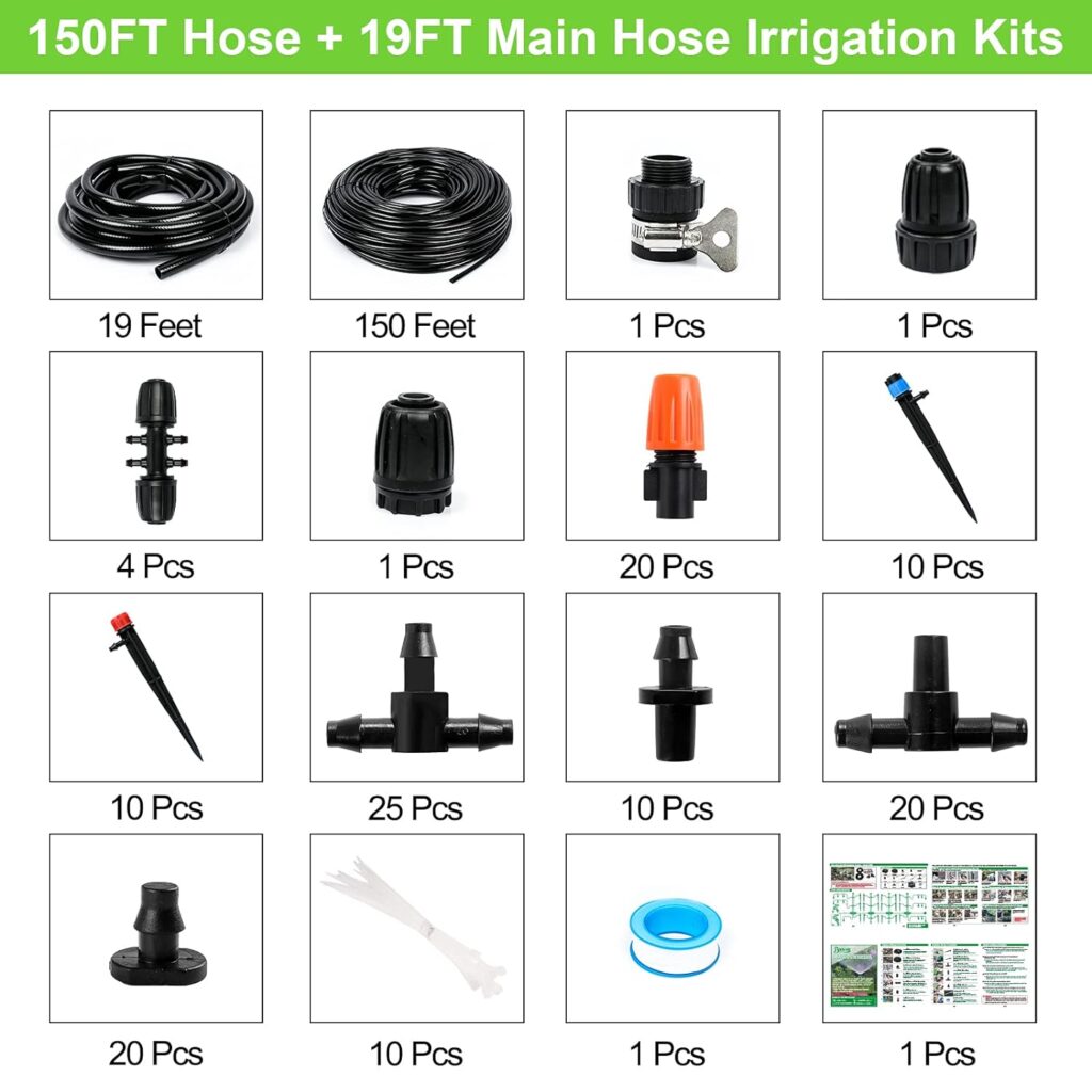 Drip Irrigation Kit, 169FT Greenhouse Watering System, 1/4 inch Automatic Patio Misting System for Garden with Distribution Tubing Hose  Adjustable Nozzle Emitters Sprinkler Barbed Fittings