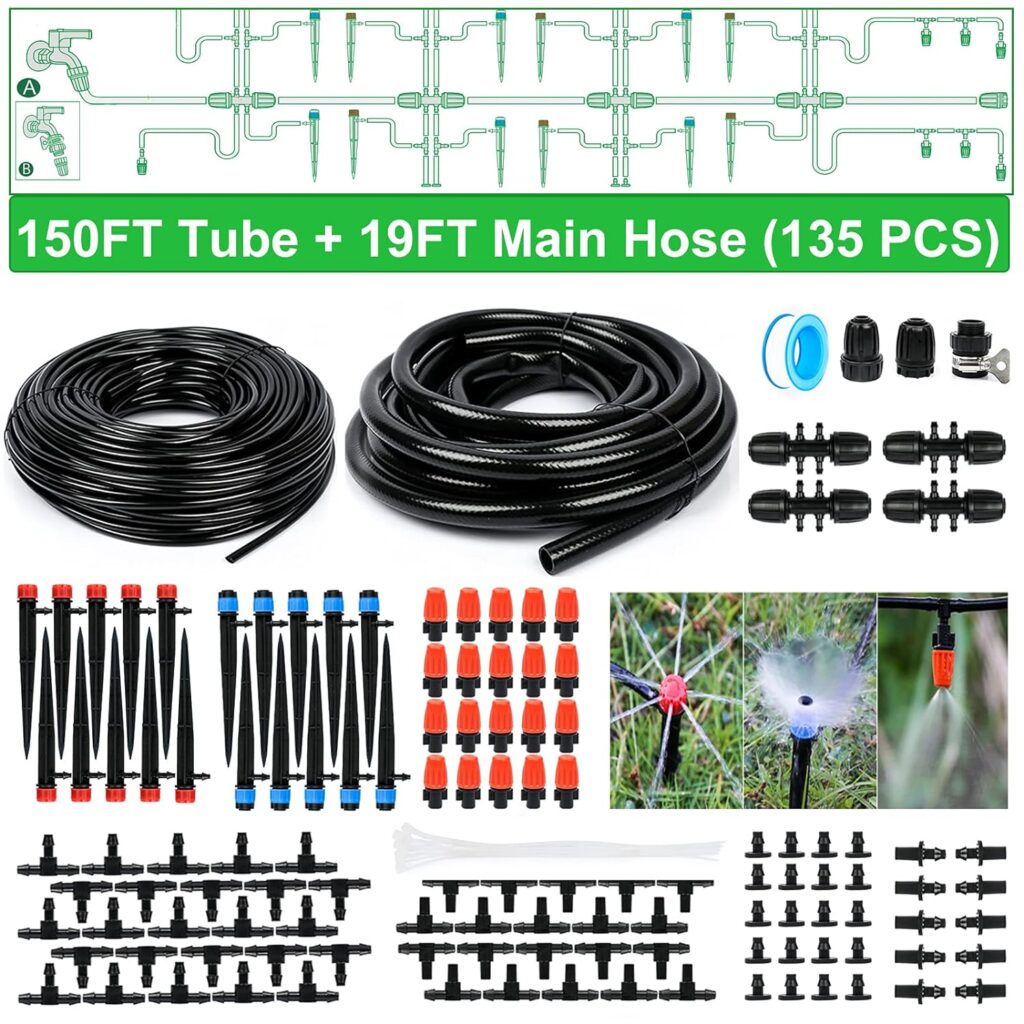 Drip Irrigation Kit, 169FT Greenhouse Watering System, 1/4 inch Automatic Patio Misting System for Garden with Distribution Tubing Hose  Adjustable Nozzle Emitters Sprinkler Barbed Fittings