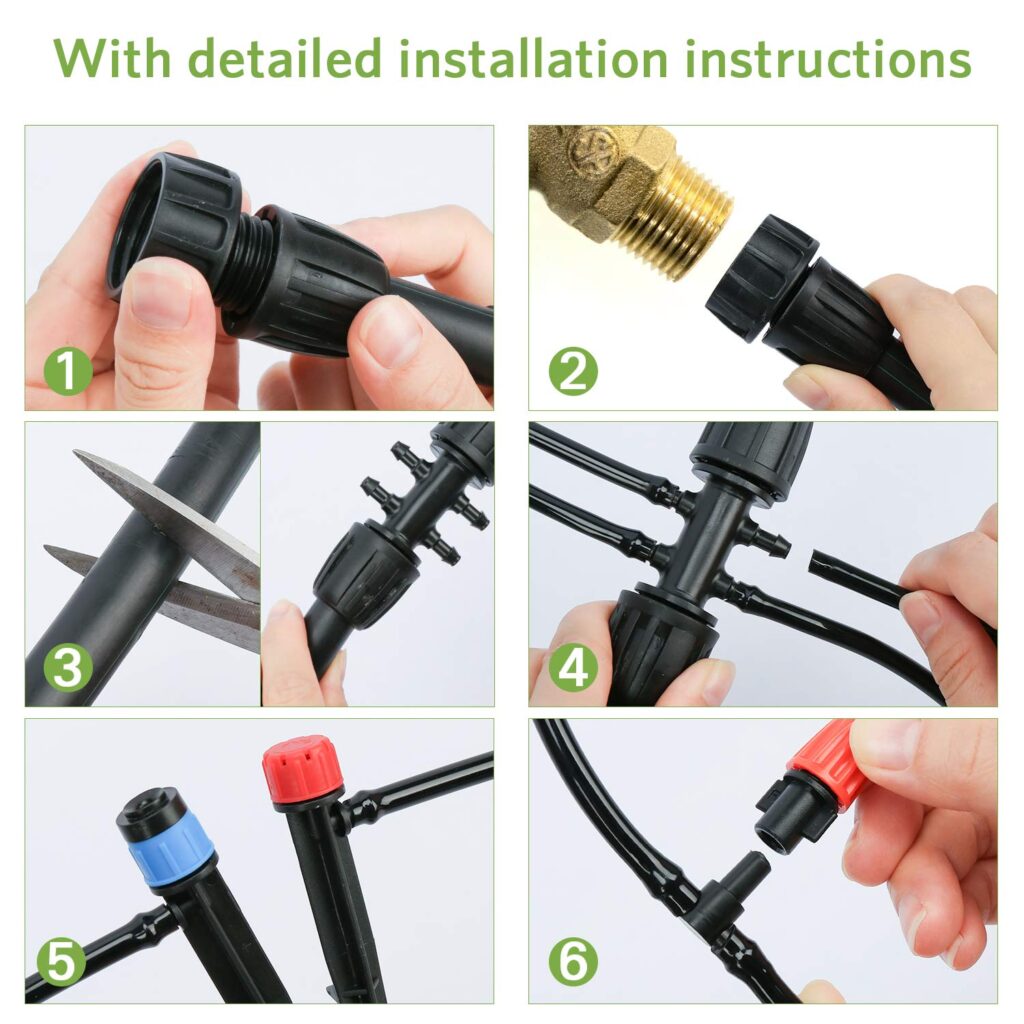 Drip Irrigation Kit, 169FT Greenhouse Watering System, 1/4 inch Automatic Patio Misting System for Garden with Distribution Tubing Hose  Adjustable Nozzle Emitters Sprinkler Barbed Fittings