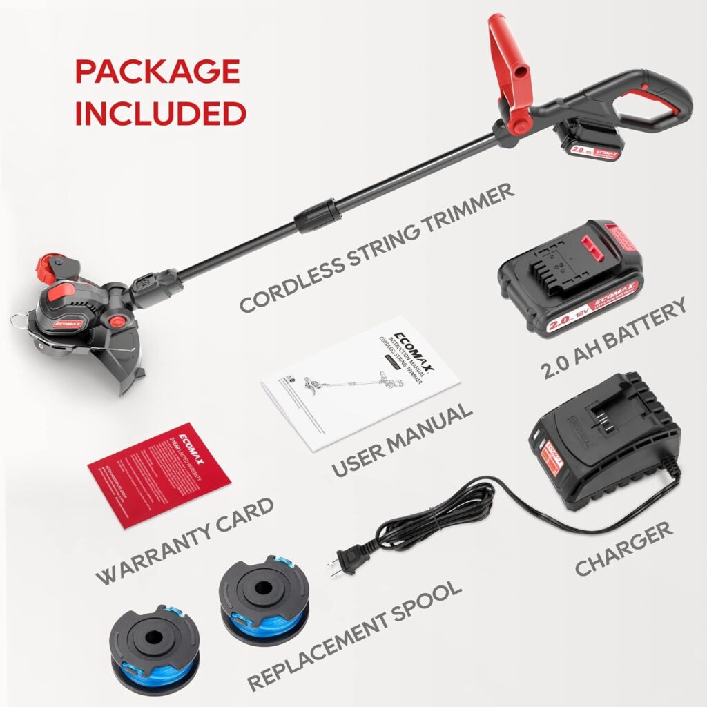 Ecomax 12 Cordless String Trimmer  Edger, 18V Electric Weed Wacker with 2Ah Battery and Charger, Lightweight Weed Eater, Edger Lawn Tool with 90 Degree Adjustable Head for Yard and Garden, ELG03