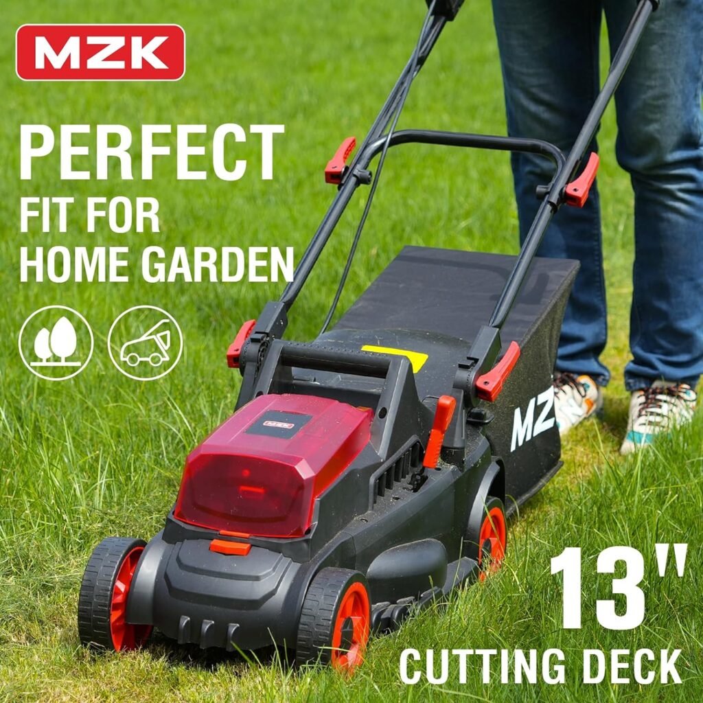 MZK 20V 13 Brushless Cordless Push Lawn Mower, 4-Position Mowing Height Adjustment w/Removeable 7-Gallon Collection Bag(2 x 4Ah Batteries and Fast Charger Included)