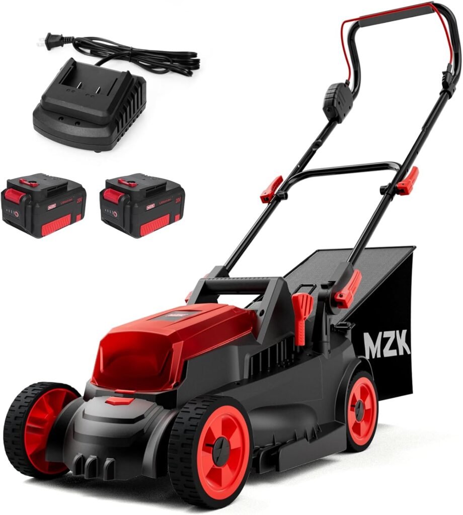 MZK 20V 13 Brushless Cordless Push Lawn Mower, 4-Position Mowing Height Adjustment w/Removeable 7-Gallon Collection Bag(2 x 4Ah Batteries and Fast Charger Included)