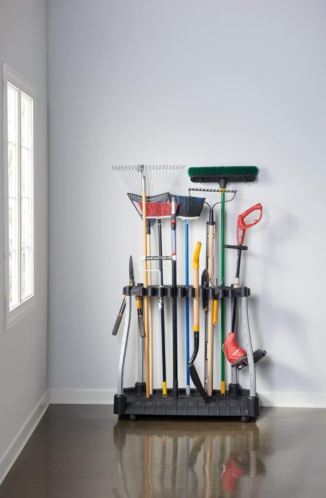 Rubbermaid Garage Tool Tower Rack, Easy to Assemble, Wheeled, Organizes up to 40 Long-Handled Tools/Rakes/ Brooms/Shovles in Home/House/Outdoor/Shed, Black